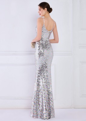 Women Summer Silver Modest Strap Sleeveless Sequined Mermaid Evening Dress