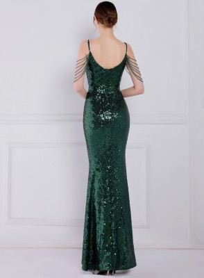 Women Summer Green Vintage Strap Sleeveless Solid Sequined Mermaid Evening Dress