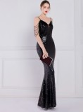 Women Summer Black Formal Strap Sleeveless Solid Sequined Mermaid Evening Dress
