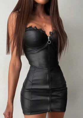 Women Summer Black Vintage Strap Sleeveless PU Leather Zippers Mini A-line Club Dress