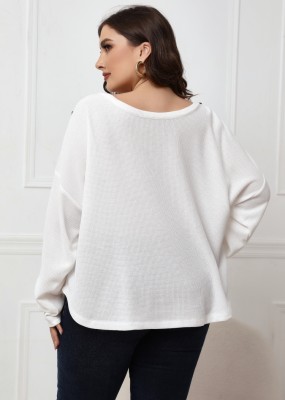 Women Spring White Casual O-Neck Full Sleeves Knitted Regular Plus Size Tops