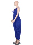 Women Summer Blue Casual Strap Sleeveless Solid Ankle Length Loose Jumpsuit