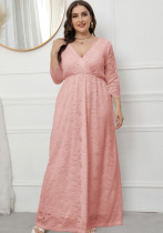 Women Spring Pink Romantic V-neck Three Quarter Sleeves Solid Lace Maxi Loose Plus Size Evening Dress