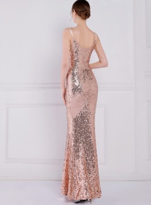 Women Summer Gold Formal Strap Sleeveless Solid Sequined Mermaid Evening Dress