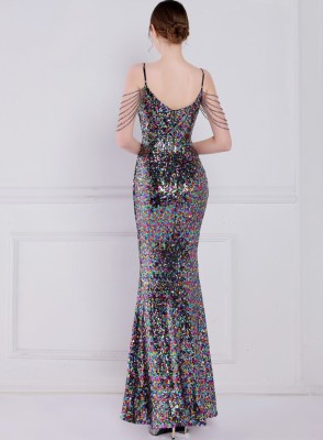 Women Summer Black Romantic Strap Sleeveless Sequined Mermaid Evening Dress