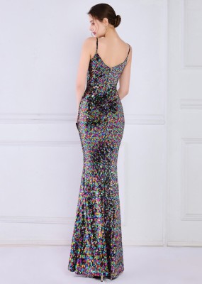 Women Summer Black Sexy Strap Sleeveless Sequined Mermaid Evening Dress