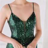Women Summer Green Romantic Strap Sleeveless Solid Sequined Mermaid Evening Dress