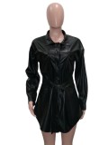 Women Spring Black Modest Turn-down Collar Full Sleeves PU Leather Belted Mini Casual Dresses