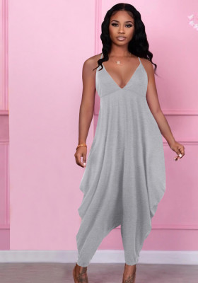 Women Summer Grey Casual Strap Sleeveless Solid Ankle Length Loose Jumpsuit