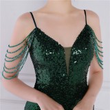 Women Summer Green Vintage Strap Sleeveless Solid Sequined Mermaid Evening Dress