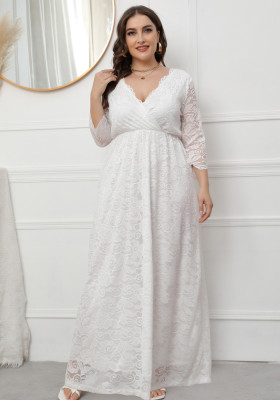Women Spring White Romantic V-neck Three Quarter Sleeves Solid Lace Maxi Loose Plus Size Evening Dress