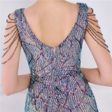 Women Summer Blue Formal V-neck Sleeveless Sequined Mini Slit Club Dress