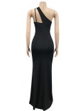 Women Summer Black Sexy One Shoulder Sleeveless Solid Silt Evening Dress