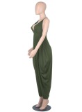 Women Summer Army Green Casual Strap Sleeveless Solid Ankle Length Loose Jumpsuit