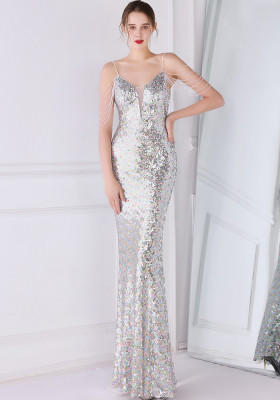 Women Summer Silver Romantic Strap Sleeveless Solid Sequined Mermaid Evening Dress