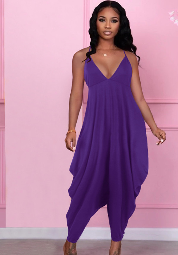 Women Summer Purple Casual Strap Sleeveless Solid Ankle Length Loose Jumpsuit