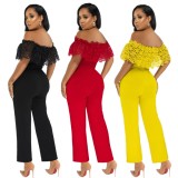 Women Summer Yellow Modest Off-the-shoulder Sleeveless Solid Hollow Out Ankle Length Regular Jumpsuit