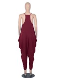 Women Summer Burgunry Casual Strap Sleeveless Solid Ankle Length Loose Jumpsuit