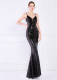 Women Summer Black Modest Strap Sleeveless Solid Sequined Mermaid Evening Dress