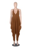 Women Summer Khaki Casual Strap Sleeveless Solid Ankle Length Loose Jumpsuit
