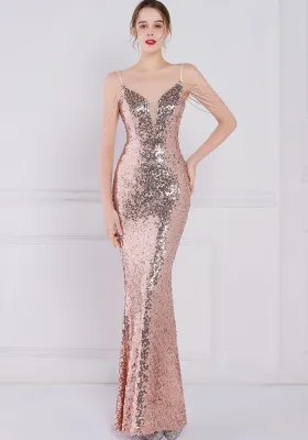 Women Summer Gold Formal Strap Sleeveless Solid Sequined Mermaid Evening Dress