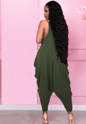 Women Summer Army Green Casual Strap Sleeveless Solid Ankle Length Loose Jumpsuit