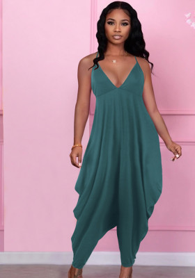 Women Summer Peacock Green Casual Strap Sleeveless Solid Ankle Length Loose Jumpsuit