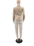 Women Spring Khaki Sexy V-neck Full Sleeves Solid Velvet Belted Regular Two Piece Pants Set