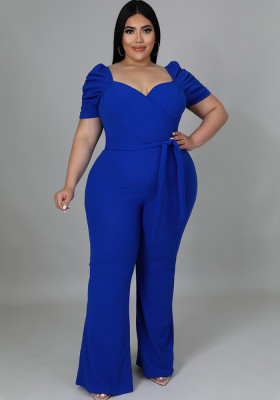 Women Summer Blue Formal Sweetheart Neck Short Sleeves Solid Belted Full Length Regular Plus Size Jumpsuit