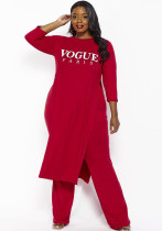 Women Spring Red Casual O-Neck Full Sleeves Letter Print Slit Loose Plus Size Two Piece Pants Set