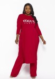 Women Spring Red Casual O-Neck Full Sleeves Letter Print Slit Loose Plus Size Two Piece Pants Set