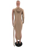 Women Spring Khaki Hooded Hollow Out One Sleeve Solid Two Piece Mini Straight Casual Dresses