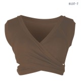 Women Summer Brown V-neck Solid Lace Up Short Tank Tops