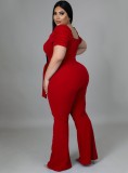 Women Summer Red Formal Sweetheart Neck Short Sleeves Solid Belted Full Length Regular Plus Size Jumpsuit