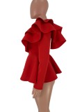 Women Spring Red Sexy Slash Neck Ruffles One Sleeve Solid Flare Blouse