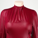 Women Spring Burgunry Sexy Halter Full Sleeves Solid Backless Regular Plus Size Jumpsuit
