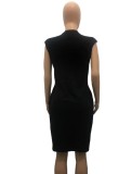 Women Summer Black Sweet O-Neck Sleeveless Solid Pockets Mini Casual Dresses
