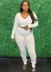 Women Spring White Sports V-neck Full Sleeves High Waist Solid Skinny Two Piece Pants Set