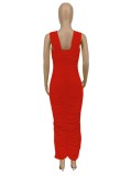 Women Summer Red Vintage Off-the-shoulder Short Sleeves Solid Ruched Slit Pencil Midi Dress