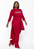 Women Spring Red Casual O-Neck Full Sleeves Letter Print Slit Loose Plus Size Two Piece Pants Set