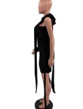 Women Spring Black Hooded Hollow Out One Sleeve Solid Two Piece Mini Straight Casual Dresses