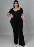 Women Summer Black Formal Sweetheart Neck Short Sleeves Solid Belted Full Length Regular Plus Size Jumpsuit