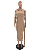 Women Spring Khaki Hooded Hollow Out One Sleeve Solid Two Piece Mini Straight Casual Dresses