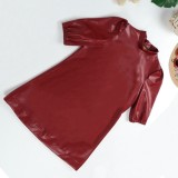 Women Spring Burgunry O-Neck Half Sleeves Solid PU Leather Mini Loose Plus Size Casual Dress