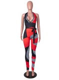 Women Summer Red Sexy V-neck Sleeveless Leopard Print Contrast Belted Full Length Skinny Jumpsuit