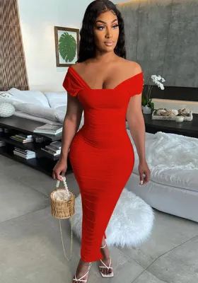Women Summer Red Vintage Off-the-shoulder Short Sleeves Solid Ruched Slit Pencil Midi Dress