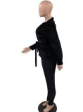 Women Spring Black Sexy V-neck Full Sleeves Solid Velvet Belted Regular Two Piece Pants Set