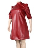 Women Spring Burgunry O-Neck Half Sleeves Solid PU Leather Mini Loose Plus Size Casual Dress