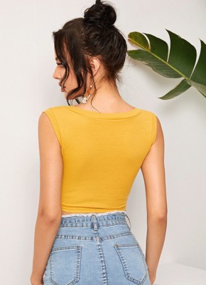 Women Summer Yellow V-neck Solid Lace Up Short Tank Tops