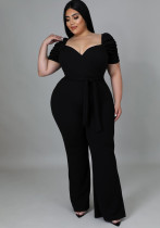 Women Summer Black Formal Sweetheart Neck Short Sleeves Solid Belted Full Length Regular Plus Size Jumpsuit